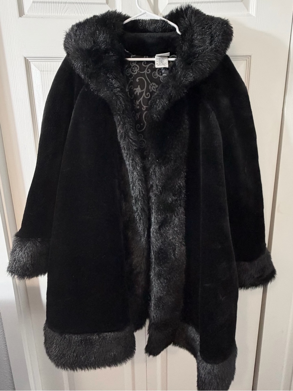 Vintage 90’s Disney Store Faux Fur Hooded Swing Coat Hidden Mickey Black XXL